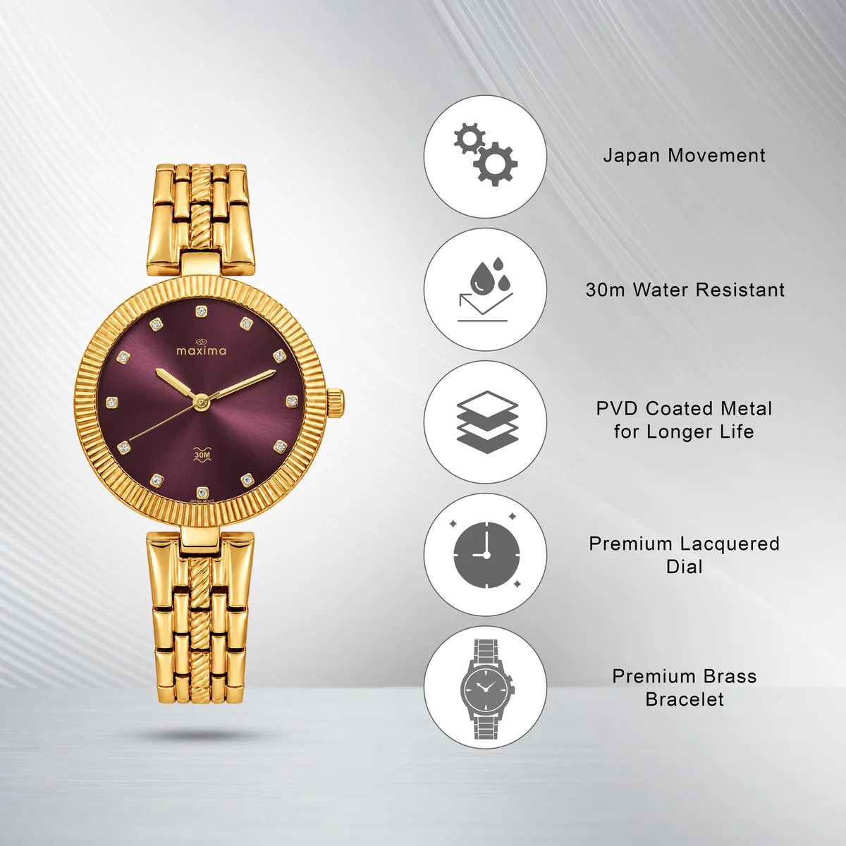 Maxima Gold Wine Dial Brass Strap Women's Watch 75362BMLY - view 3