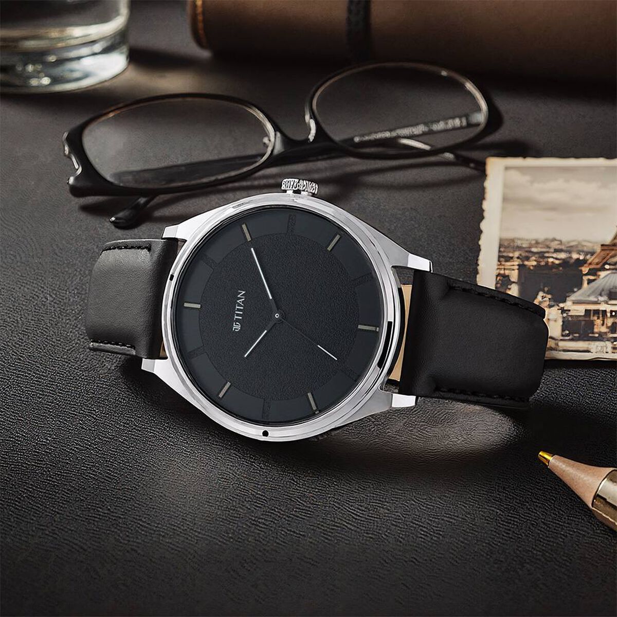 Titan Workwear Black Dial Black Leather Strap Men's Watch view 1
