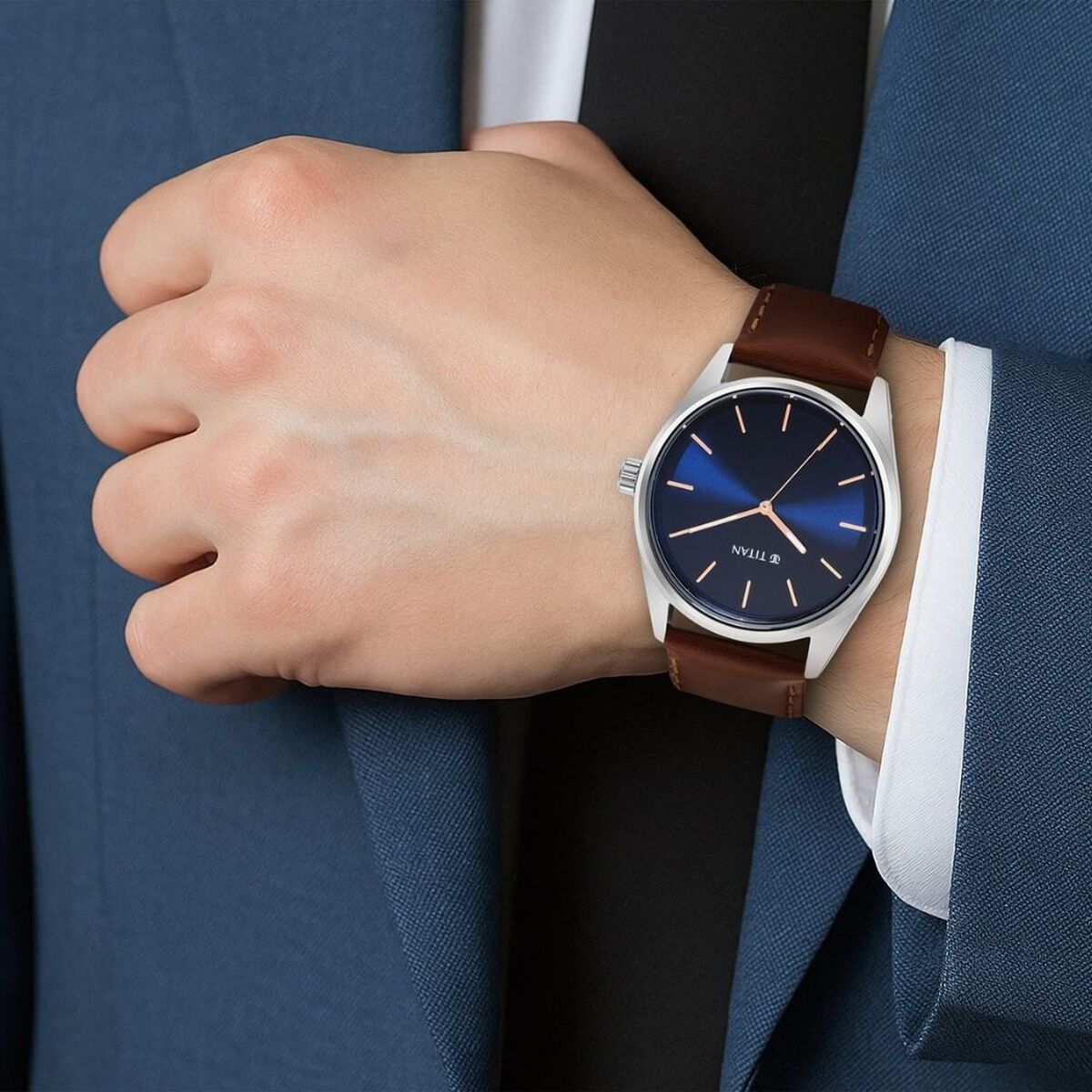 Titan Workwear Blue Dial Brown Leather Strap Men's Watch 1866SL01 - view 6