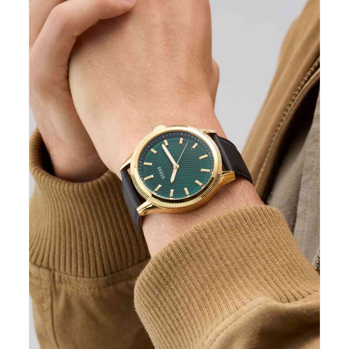 Guess Dex Green Dial Gold-Tone Black Leather Strap Men's Watch GW0846G1 - view 6