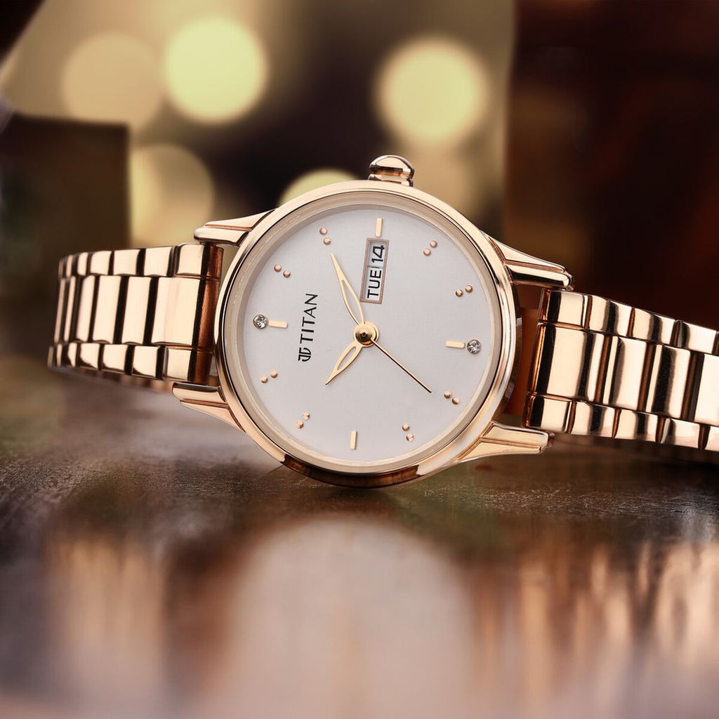 Titan Lagan Silver Dial Rose Gold Metal Strap Women's Watch view 1