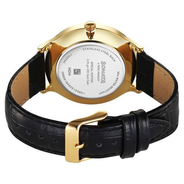 Sonata Gold Black Dial Leather Strap Men's Analog Watch 7153YL01 - view 2