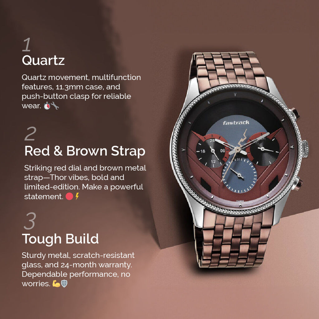 Fastrack Thor Multifunction Red Dial Brown Metal Strap Men's Watch 3286KM01 - view 2