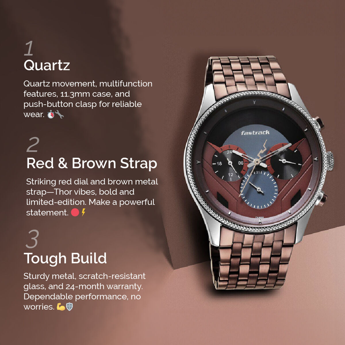 Fastrack Thor Multifunction Red Dial Brown Metal Strap Men's Watch 3286KM01 - view 2