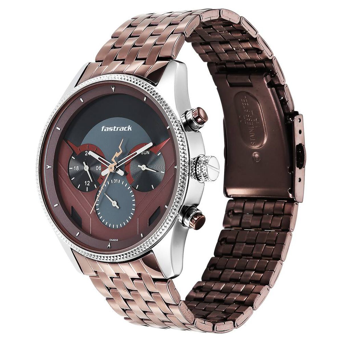 Fastrack Thor Multifunction Red Dial Brown Metal Strap Men's Watch 3286KM01 - view 5