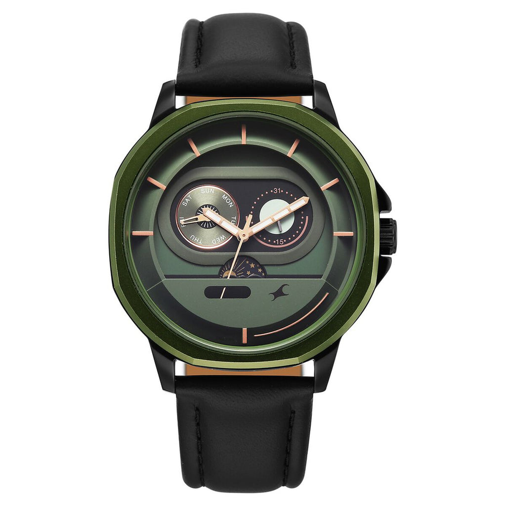 Fastrack Street Opulence Sun Moon Multifunction Green Dial Black Leather Strap Men's Watch 3303KL01 - view 1