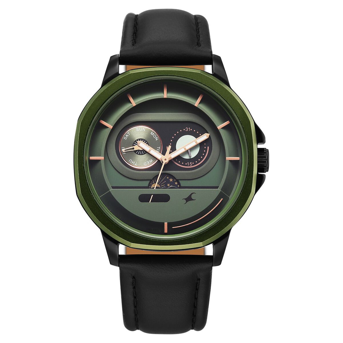 Fastrack Street Opulence Sun Moon Multifunction Green Dial Black Leather Strap Men's Watch 3303KL01 - view 1