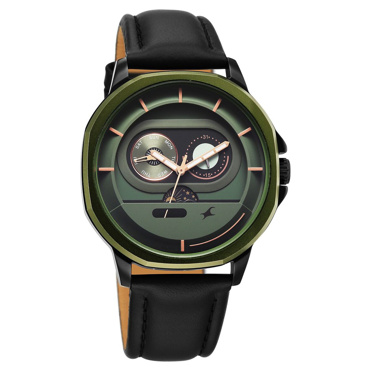 Fastrack Street Opulence Sun Moon Multifunction Green Dial Black Leather Strap Men's Watch 3303KL01 - view 2