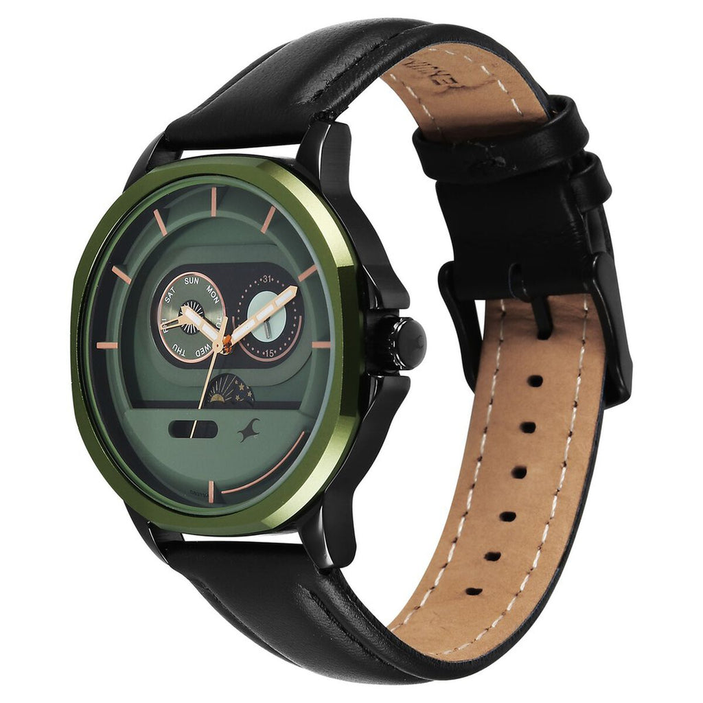 Fastrack Street Opulence Sun Moon Multifunction Green Dial Black Leather Strap Men's Watch 3303KL01 - view 3