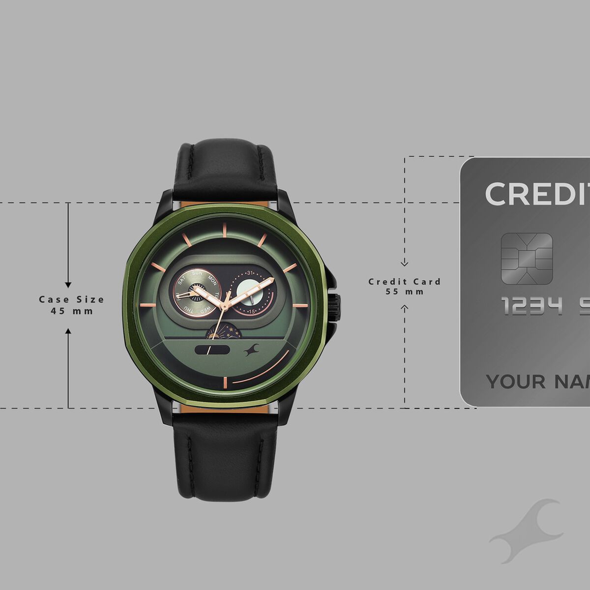 Fastrack Street Opulence Sun Moon Multifunction Green Dial Black Leather Strap Men's Watch 3303KL01 - view 4