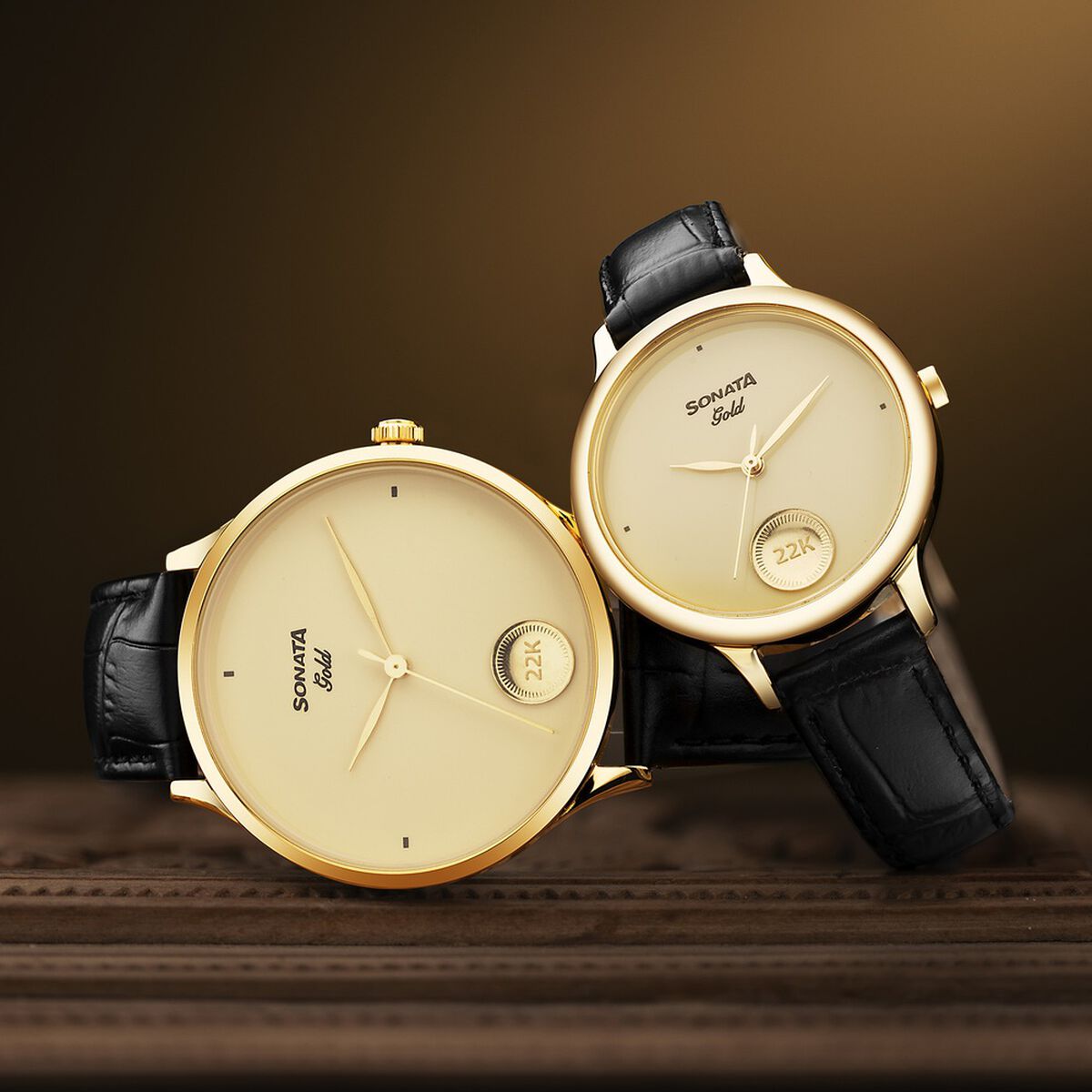 Sonata Gold Champagne with Gold Coin Dial Black Leather Strap Men's Watch 7153YL02 - view 2