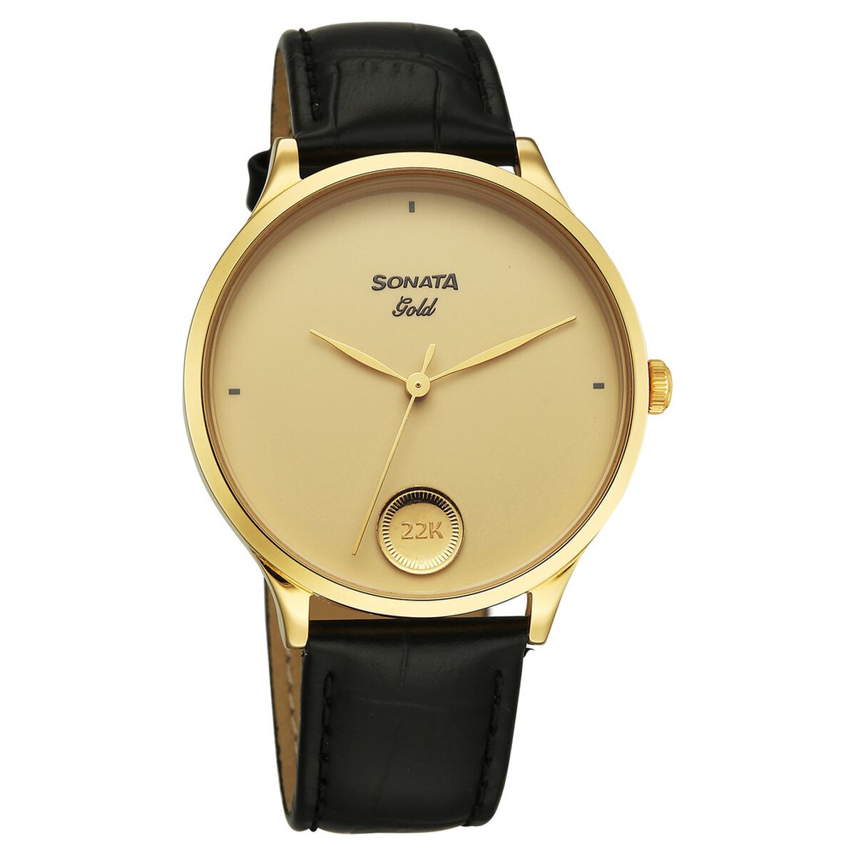 Sonata Gold Champagne with Gold Coin Dial Black Leather Strap Men's Watch 7153YL02 - view 3