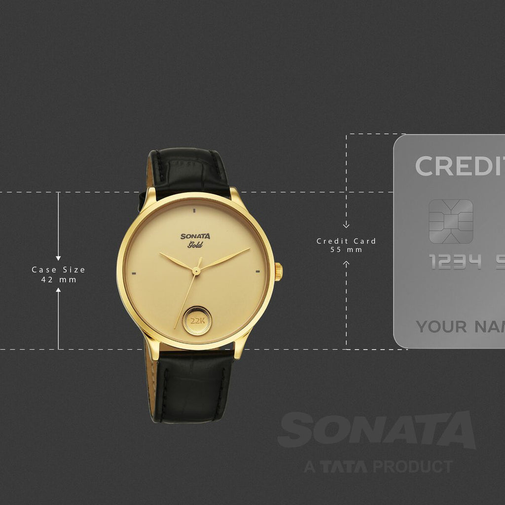 Sonata Gold Champagne with Gold Coin Dial Black Leather Strap Men's Watch 7153YL02 - view 4