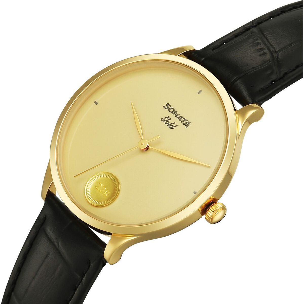 Sonata Gold Champagne with Gold Coin Dial Black Leather Strap Men's Watch 7153YL02 - view 5