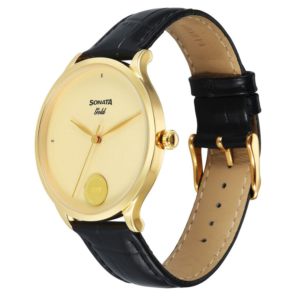 Sonata Gold Champagne with Gold Coin Dial Black Leather Strap Men's Watch 7153YL02 - view 6