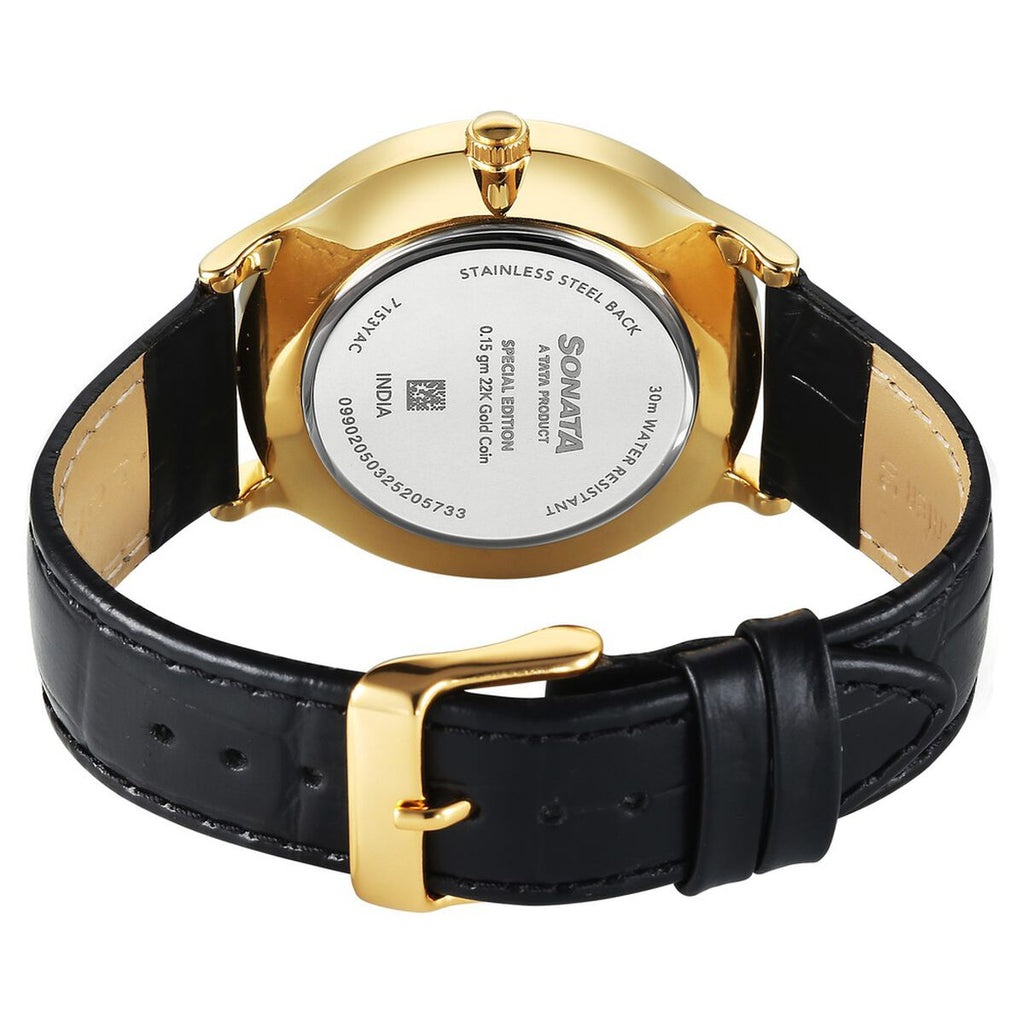 Sonata Gold Champagne with Gold Coin Dial Black Leather Strap Men's Watch 7153YL02 - view 7