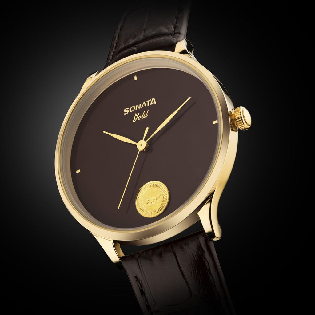 Sonata Gold Regal Maroon with Gold Coin Dial Brown Leather Strap Men's Watch 7153YL03 - view 2