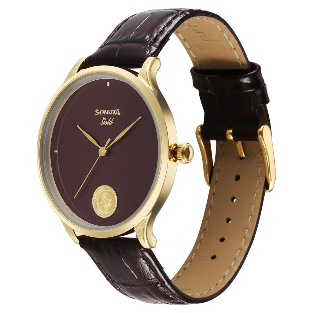 Sonata Gold Regal Maroon with Gold Coin Dial Brown Leather Strap Men's Watch 7153YL03 - view 3