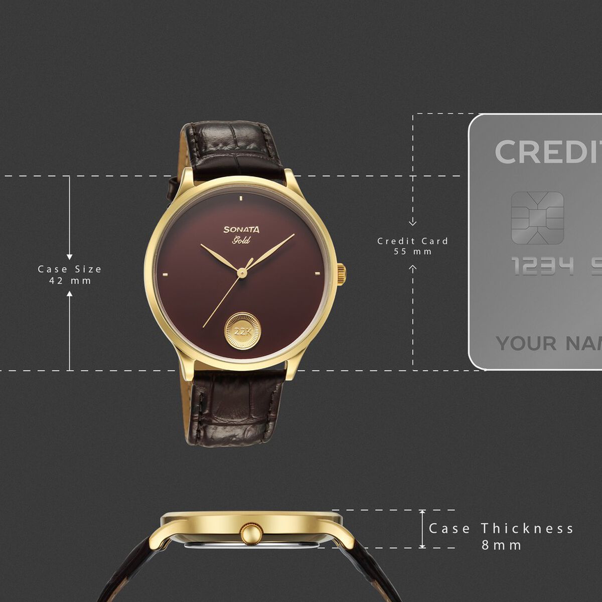 Sonata Gold Regal Maroon with Gold Coin Dial Brown Leather Strap Men's Watch 7153YL03 - view 4