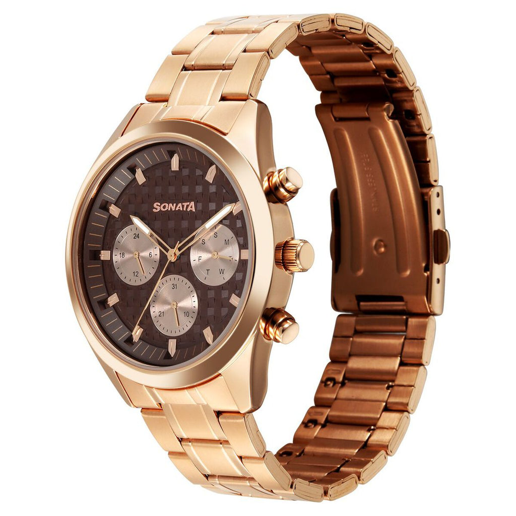 Sonata Summit Brown Dial Rose Gold Metal Strap Men's Watch 7158WM01 - view 3