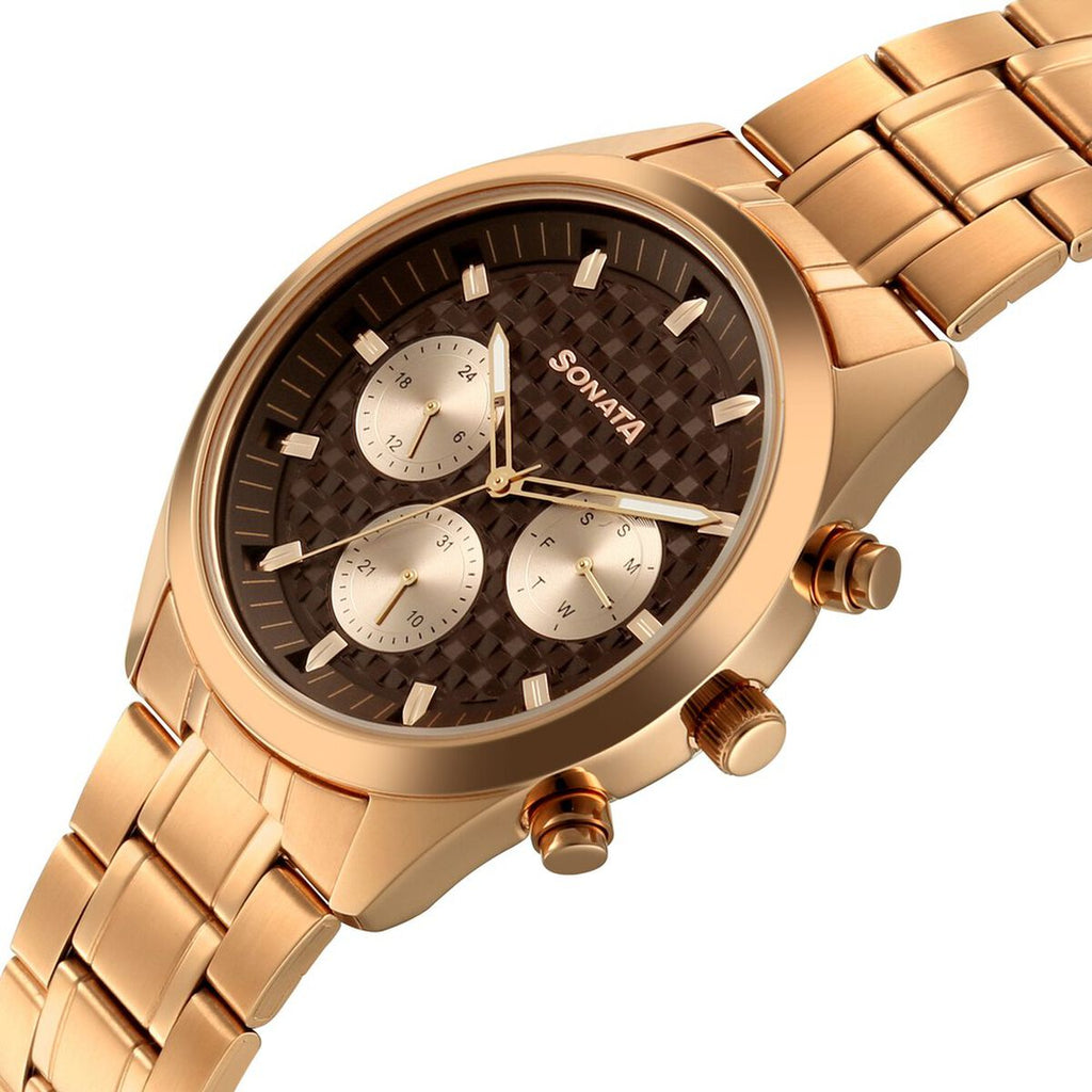 Sonata Summit Brown Dial Rose Gold Metal Strap Men's Watch 7158WM01 - view 5
