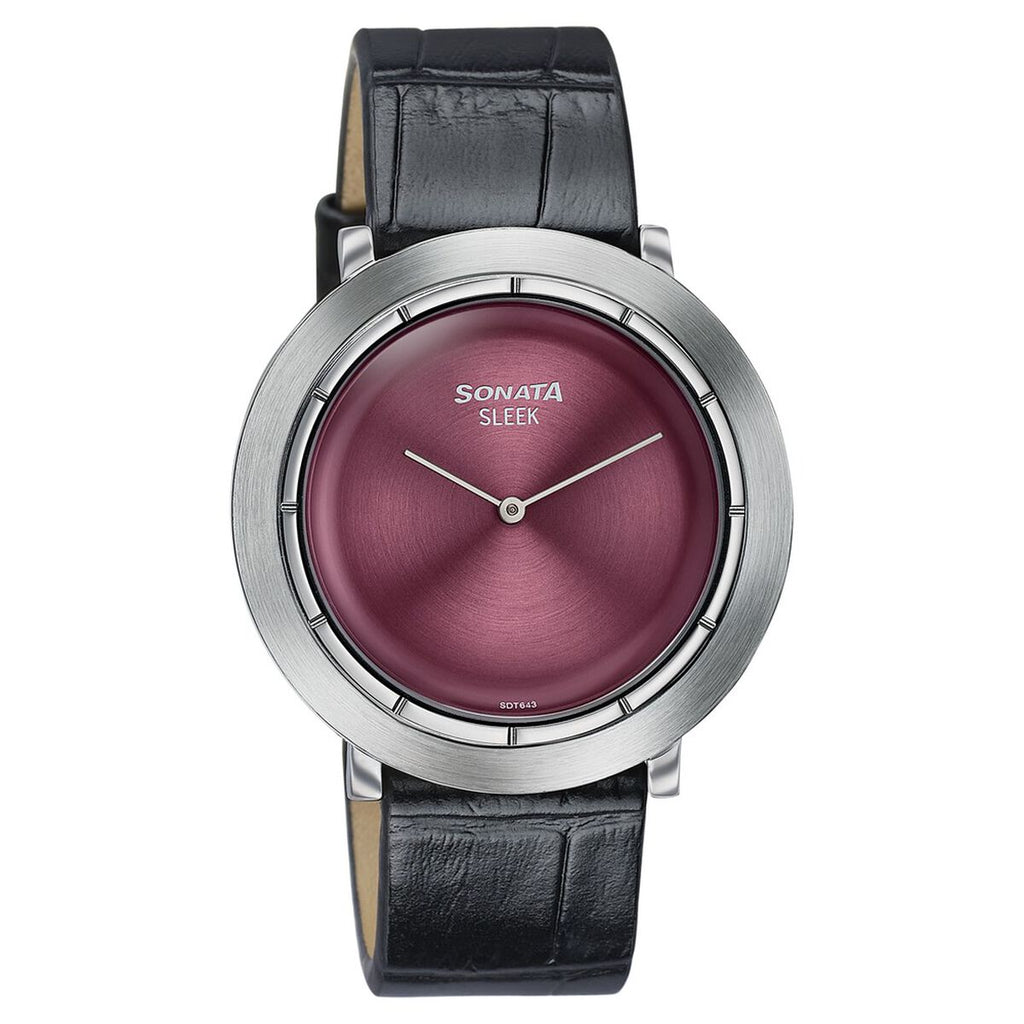 Sonata Sleek Maroon Dial Black Leather Strap Men's Watch 7159SL02 - view 2