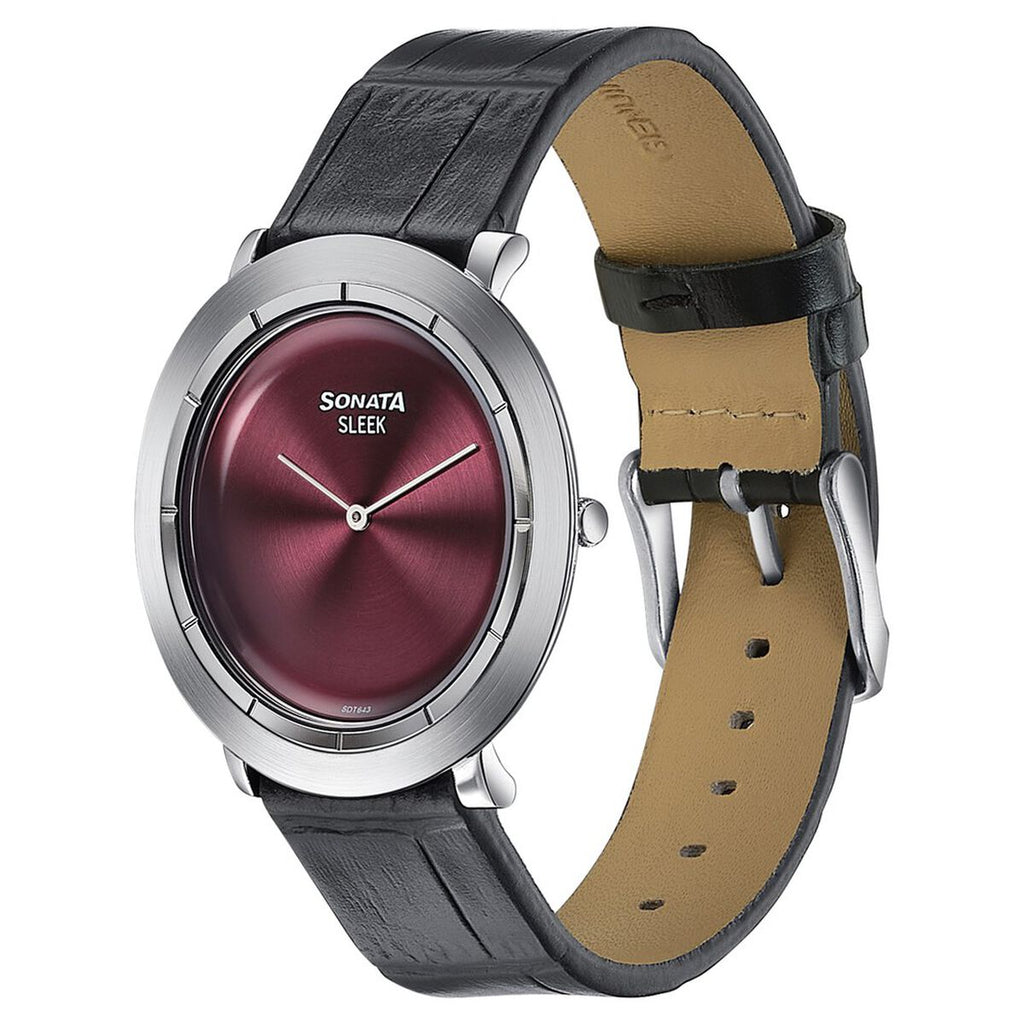 Sonata Sleek Maroon Dial Black Leather Strap Men's Watch 7159SL02 - view 3