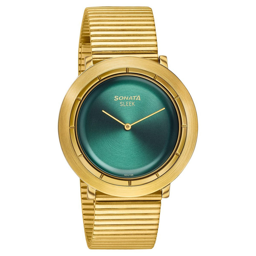 Sonata Sleek Green Dial Gold-Tone Metal Strap Men's Watch 7159YM01 - view 2