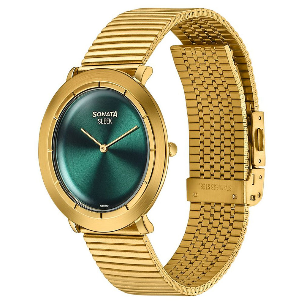 Sonata Sleek Green Dial Gold-Tone Metal Strap Men's Watch 7159YM01 - view 3