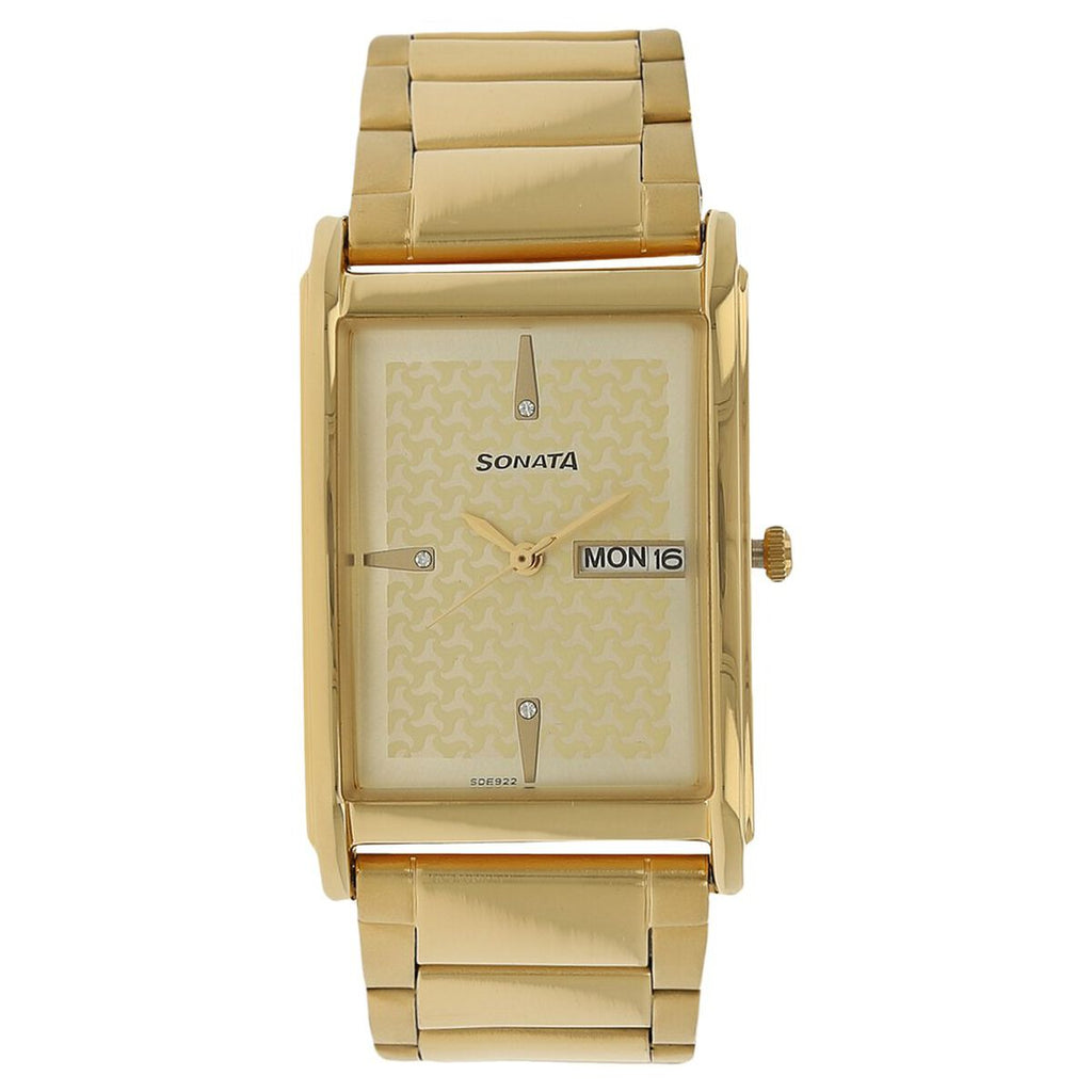 Sonata Day-Date Champagne Dial Gold-Tone Stainless Steel Strap Men's Watch 77002YM06 - view 1