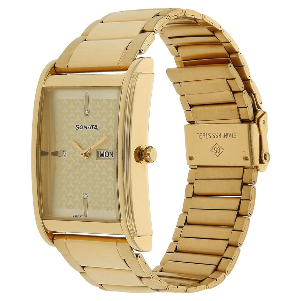 Sonata Day-Date Champagne Dial Gold-Tone Stainless Steel Strap Men's Watch 77002YM06 - view 2