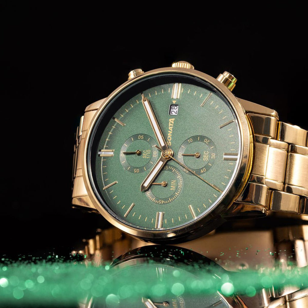 Sonata Multifunction Green Dial Gold-Tone Stainless Steel Strap Men's Watch 77145YM01 - view 1