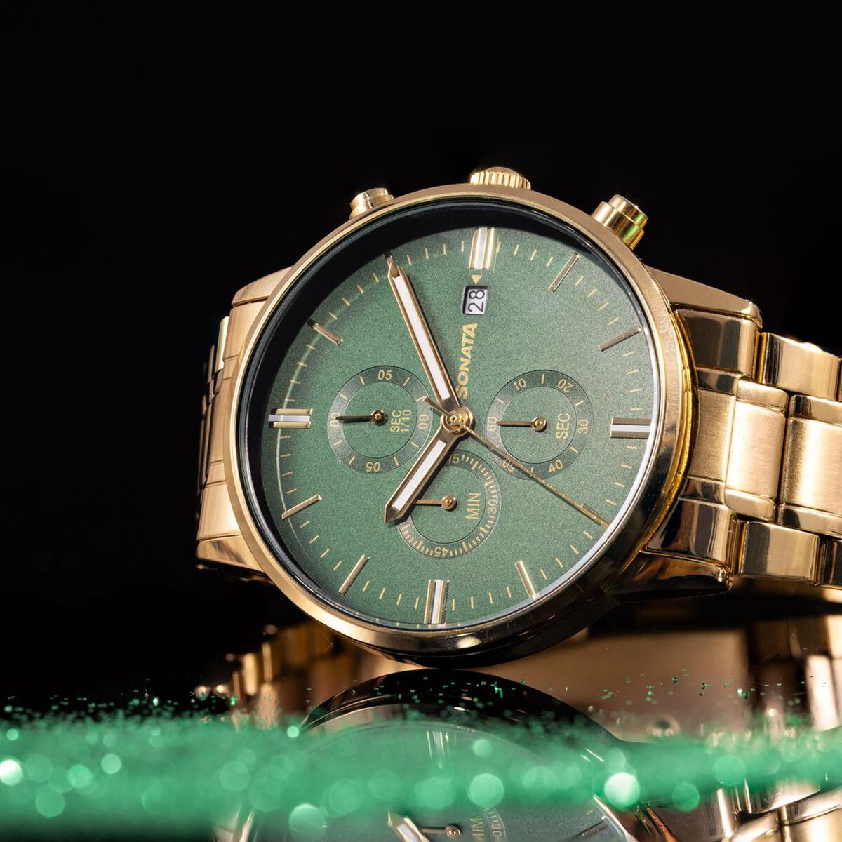 Sonata Multifunction Green Dial Gold-Tone Stainless Steel Strap Men's Watch 77145YM01 - view 1