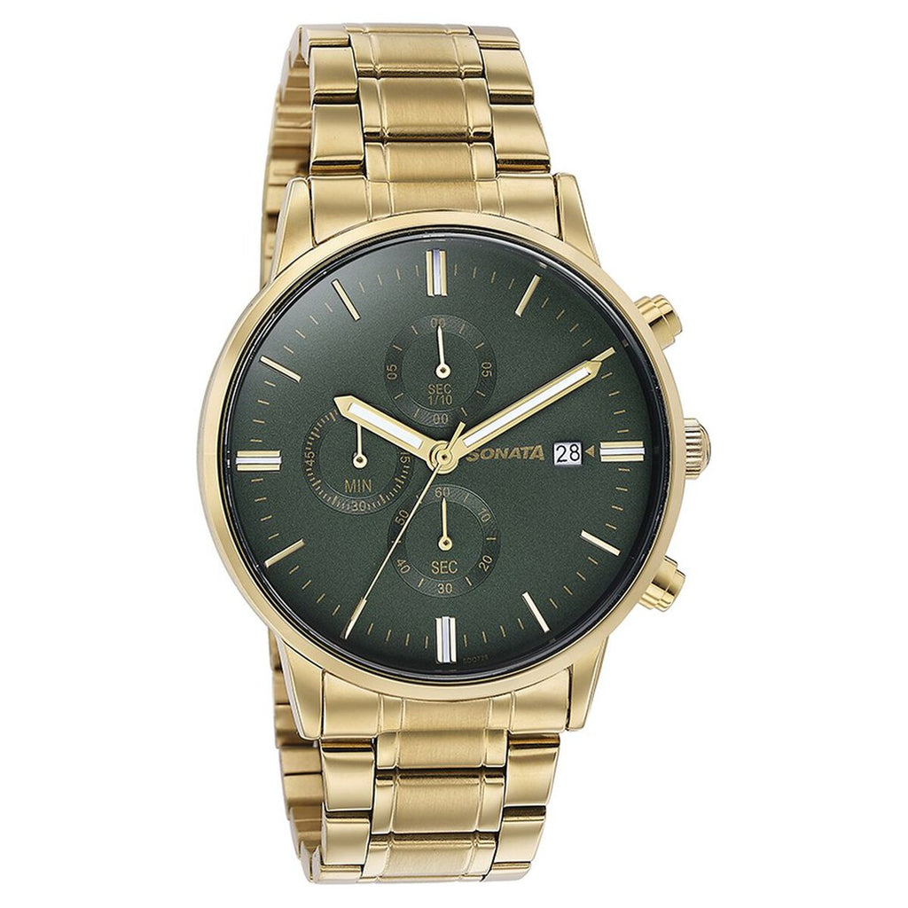 Sonata Multifunction Green Dial Gold-Tone Stainless Steel Strap Men's Watch 77145YM01 - view 3