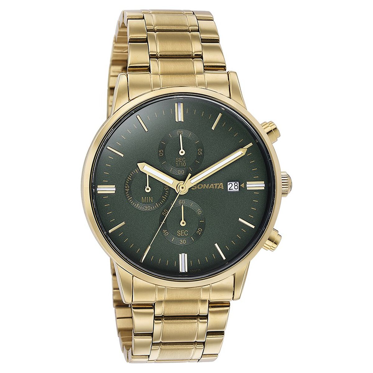 Sonata Multifunction Green Dial Gold-Tone Stainless Steel Strap Men's Watch 77145YM01 - view 3