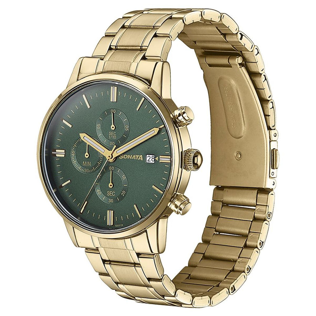 Sonata Multifunction Green Dial Gold-Tone Stainless Steel Strap Men's Watch 77145YM01 - view 4