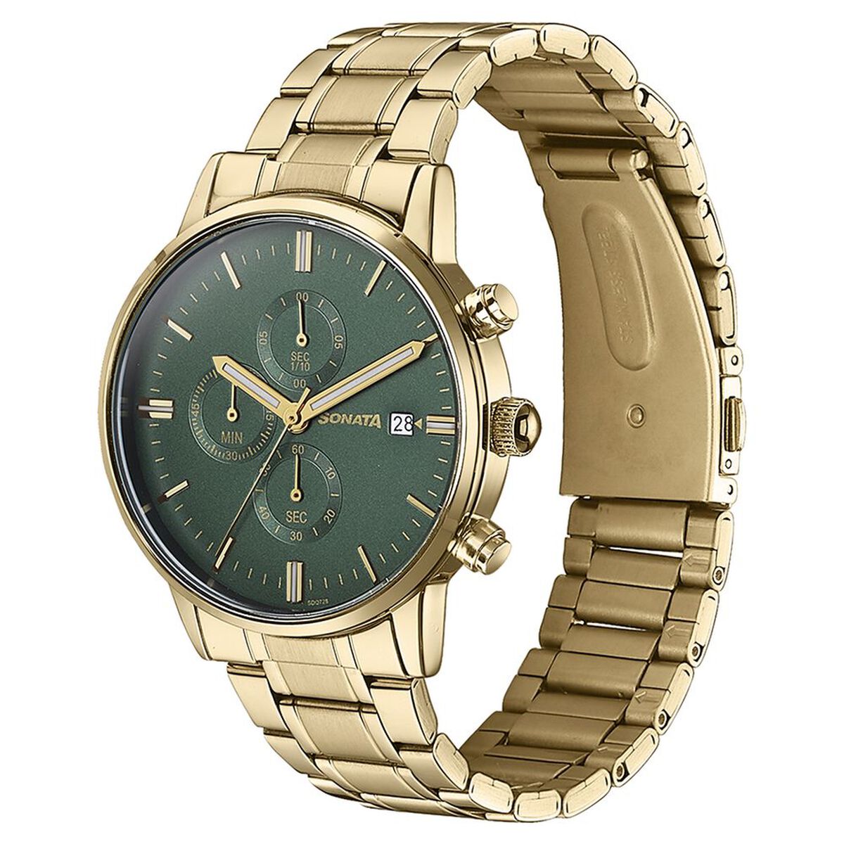 Sonata Multifunction Green Dial Gold-Tone Stainless Steel Strap Men's Watch 77145YM01 - view 4