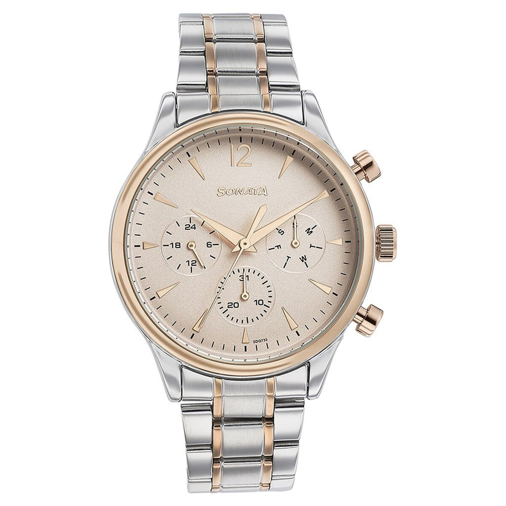 Sonata Multifunction Pink Dial Two-Tone Stainless Steel Strap Men's Watch 77146KM01 - view 2