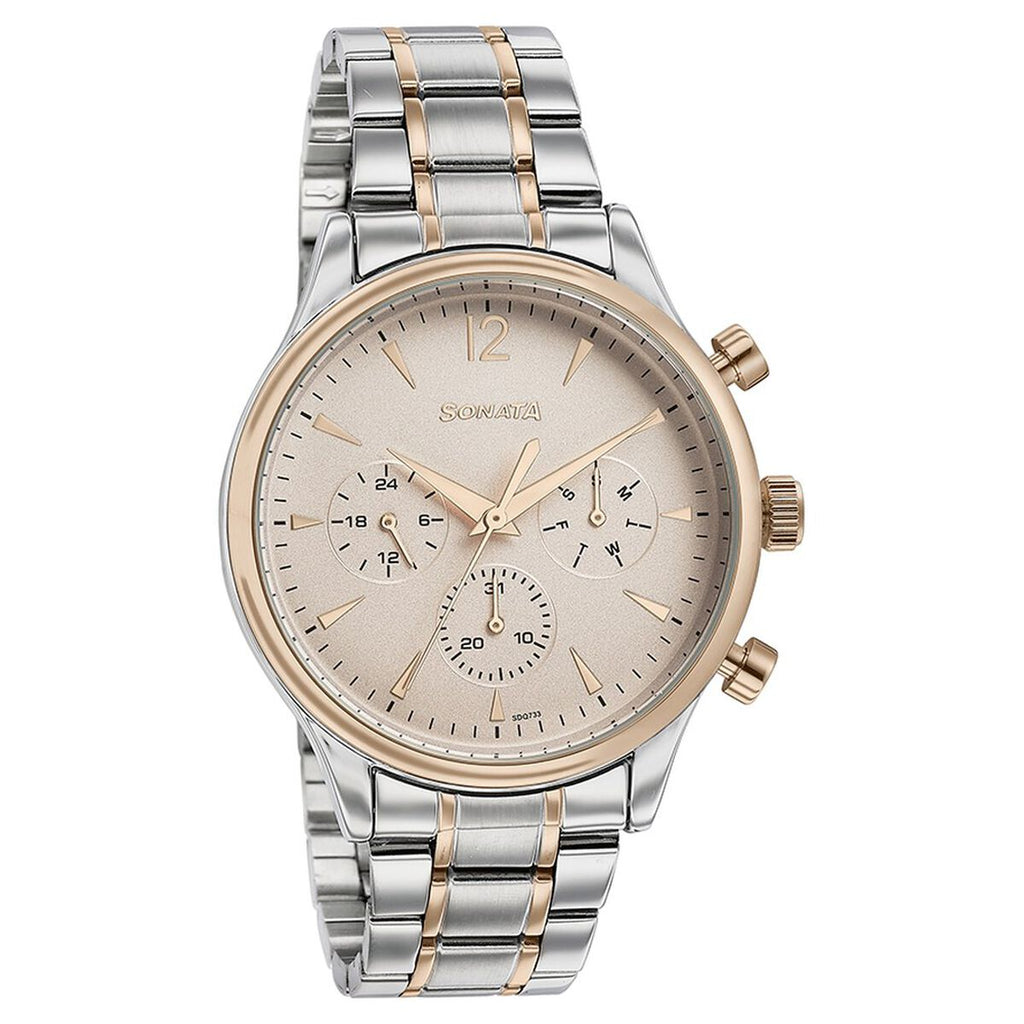 Sonata Multifunction Pink Dial Two-Tone Stainless Steel Strap Men's Watch 77146KM01 - view 3