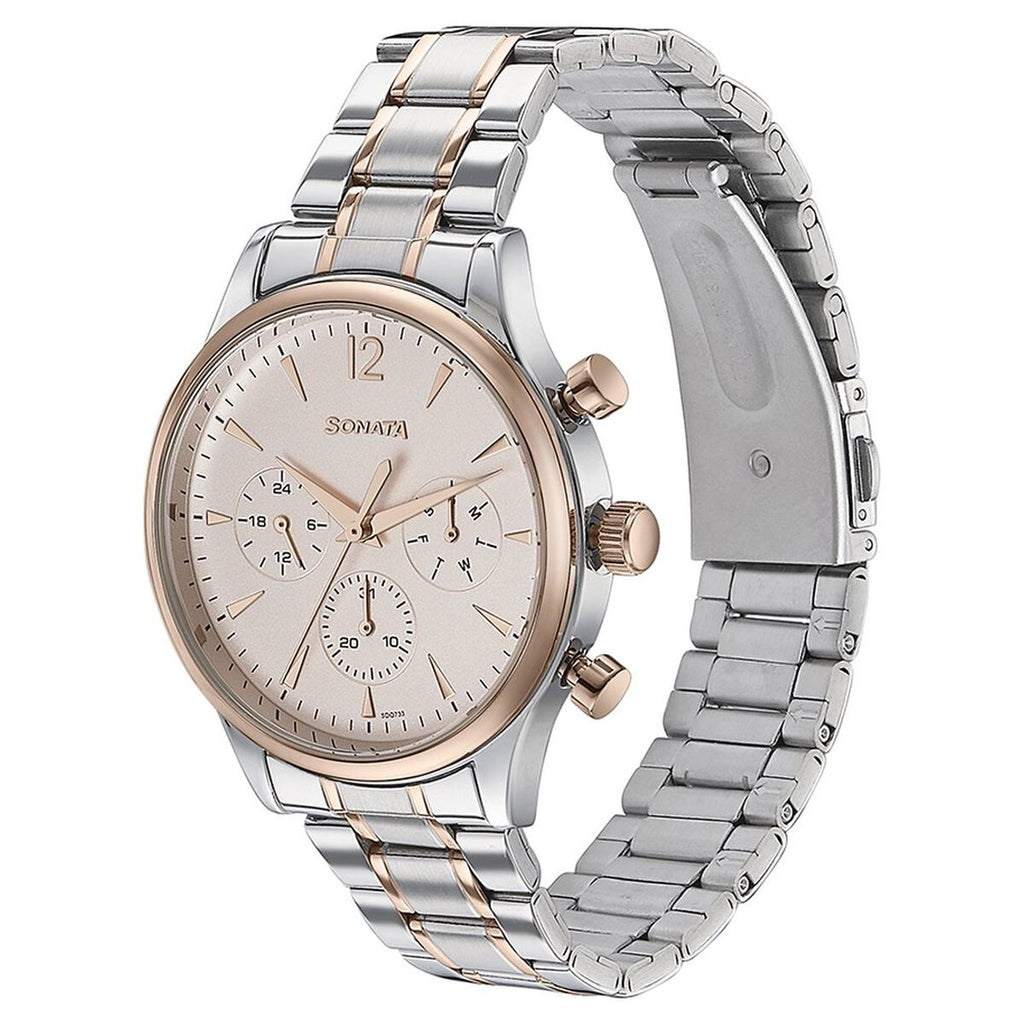 Sonata Multifunction Pink Dial Two-Tone Stainless Steel Strap Men's Watch 77146KM01 - view 4