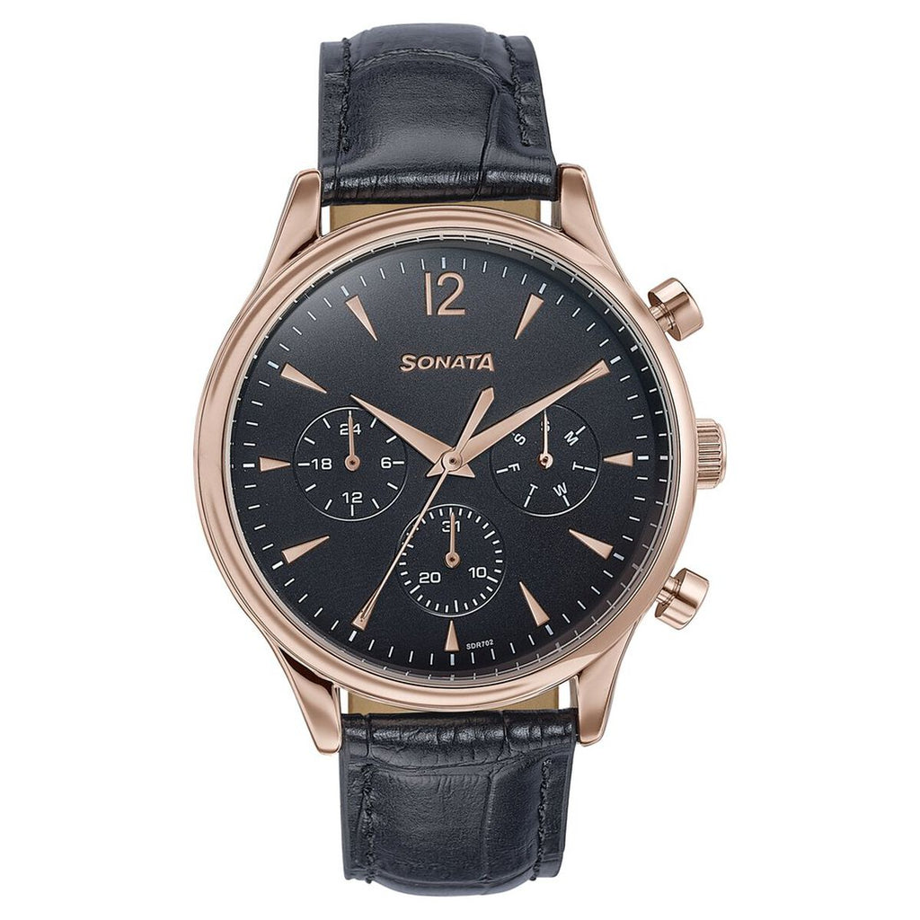 Sonata Wedding Edit Black Dial Black Leather Strap Men's Watch 77146WL02 - view 2