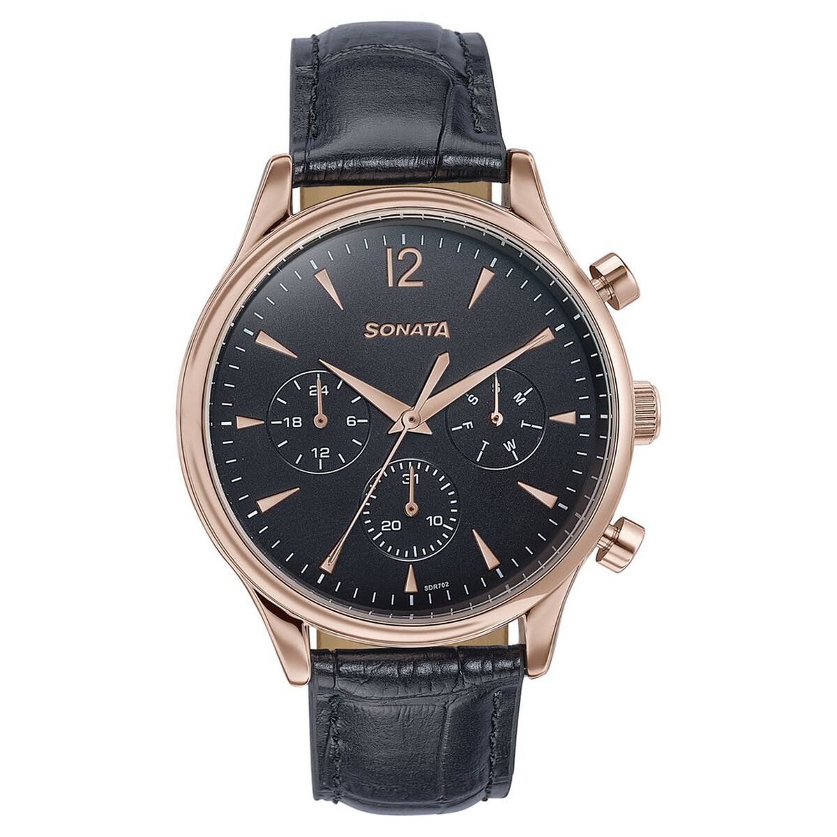 Sonata Wedding Edit Black Dial Black Leather Strap Men's Watch 77146WL02 - view 2