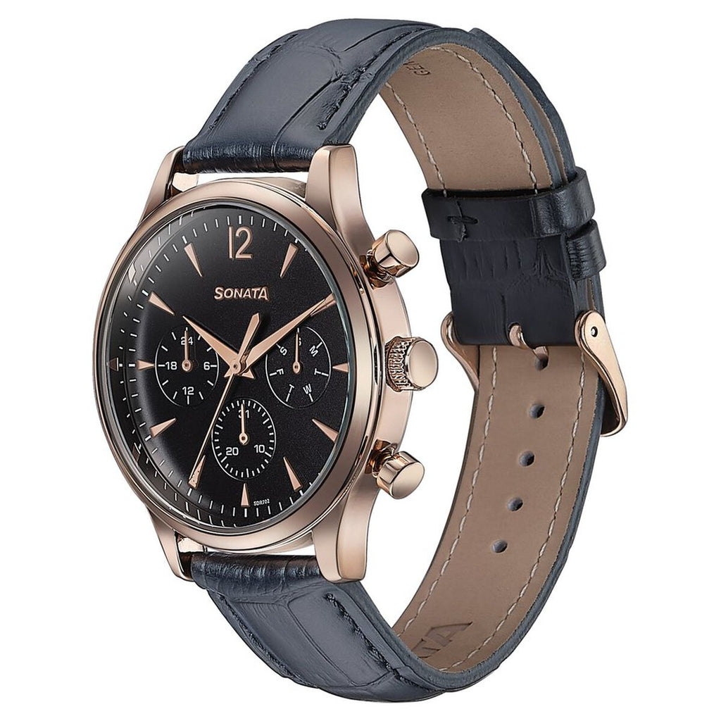 Sonata Wedding Edit Black Dial Black Leather Strap Men's Watch 77146WL02 - view 4