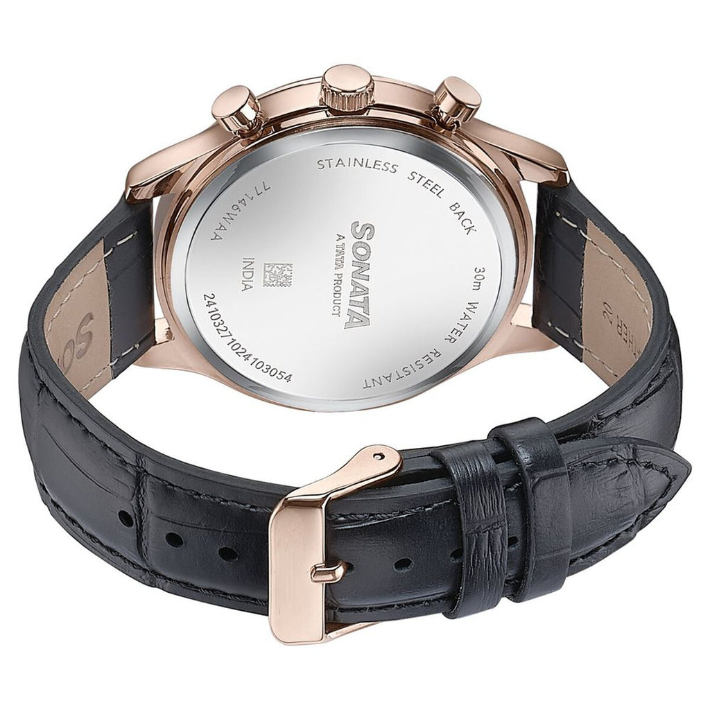 Sonata Wedding Edit Black Dial Black Leather Strap Men's Watch 77146WL02 - view 6