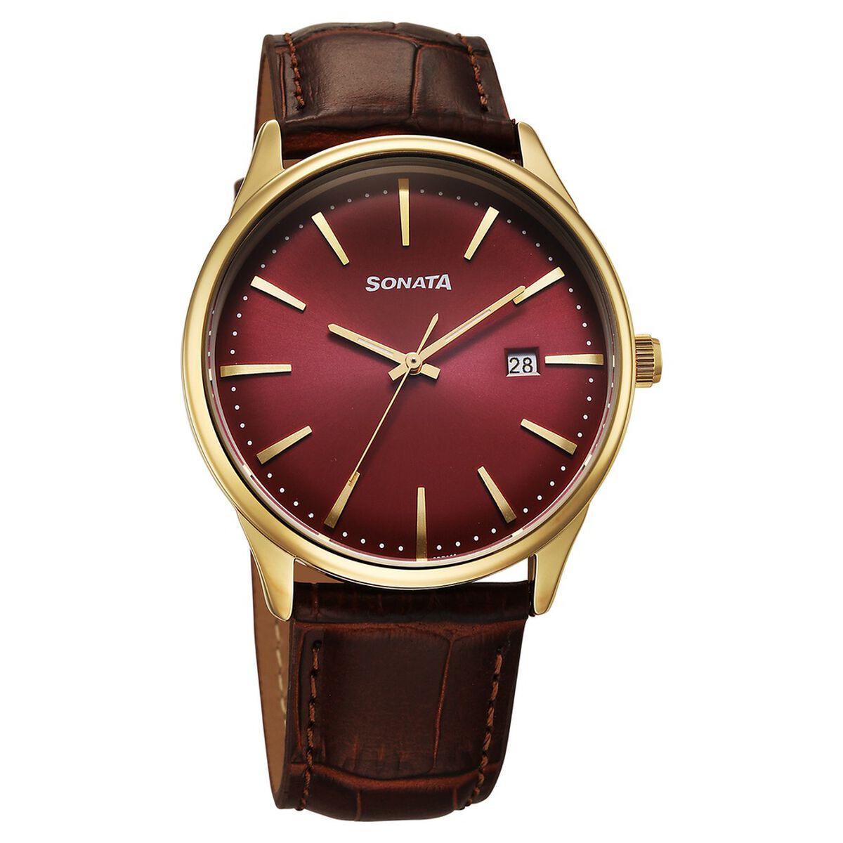 Sonata Eternia Maroon Dial Brown Leather Strap Men's Watch 77166YL02 - view 1