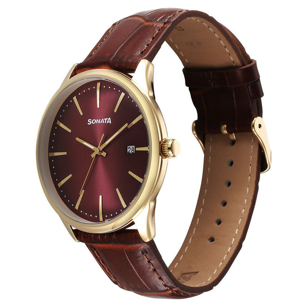 Sonata Eternia Maroon Dial Brown Leather Strap Men's Watch 77166YL02 - view 2