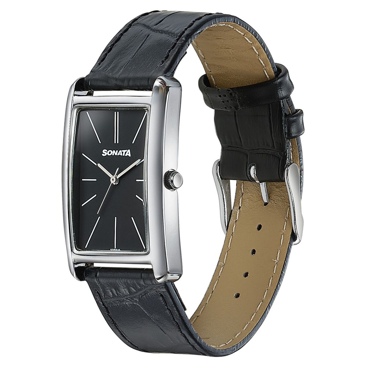 Sonata Ascent Black Dial Black Leather Strap Men's Watch 77196SL02 - view 3