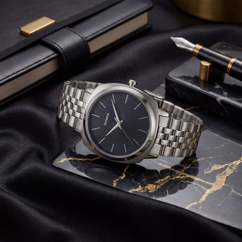 Sonata Vector Black Dial Silver Stainless Steel Strap Men's Watch 77197SM02 - view 1