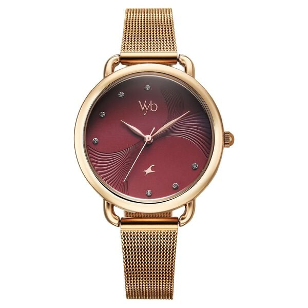 Fastrack Vyb Classique Maroon Dial Rose Gold Steel Strap Women's Watch FV60091WM02 - view 1