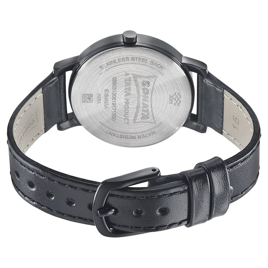 Sonata Play Black Dial Black Leather Strap Women's Watch 8164NL01 - view 4